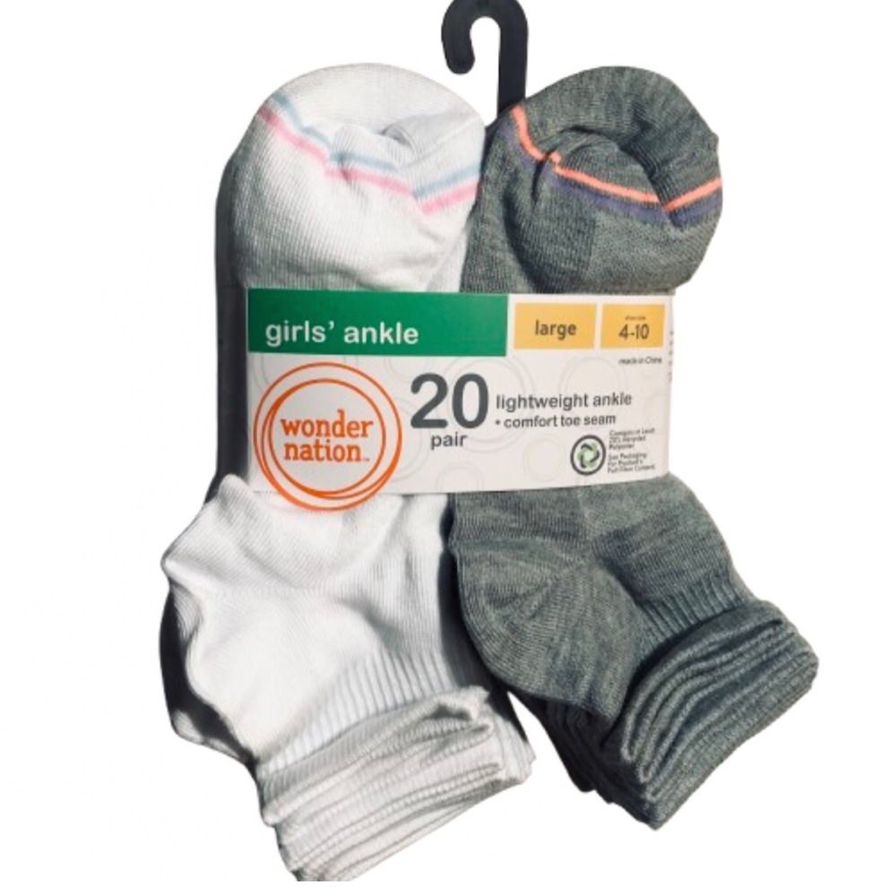 🔥$13🔥NEW WONDER NATION Girls Ankle Socks, 20 Pairs, Large (4-10) White Gray